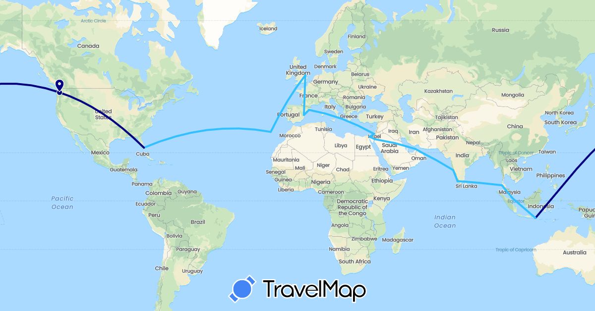 TravelMap itinerary: driving, plane, boat in United Arab Emirates, Egypt, Spain, United Kingdom, Indonesia, Israel, India, Jordan, Oman, Portugal, Singapore, Thailand, United States (Africa, Asia, Europe, North America)