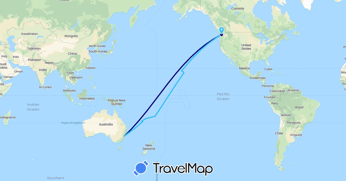 TravelMap itinerary: driving, plane, boat in Australia, Fiji, New Caledonia, United States, Vanuatu (North America, Oceania)